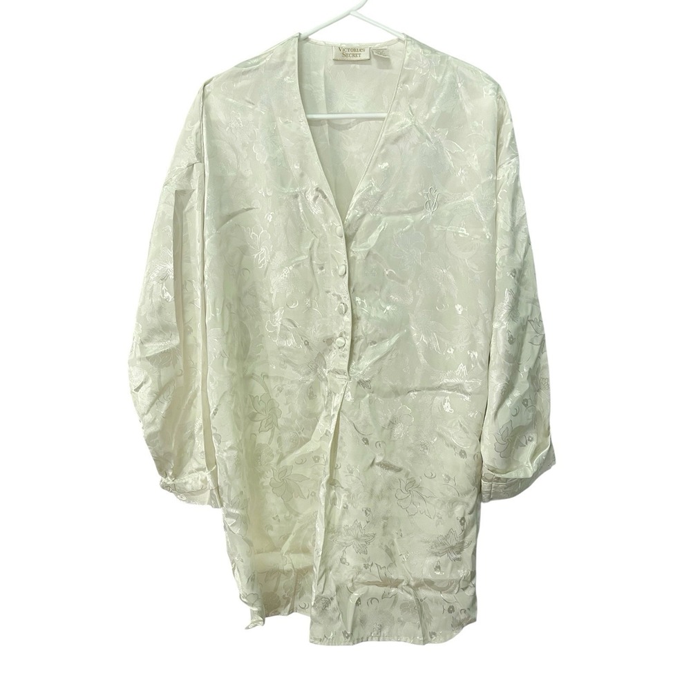 Victorias Secret Large Ivory Sleep Shirt Floral Damask Satin Button Front Bridal